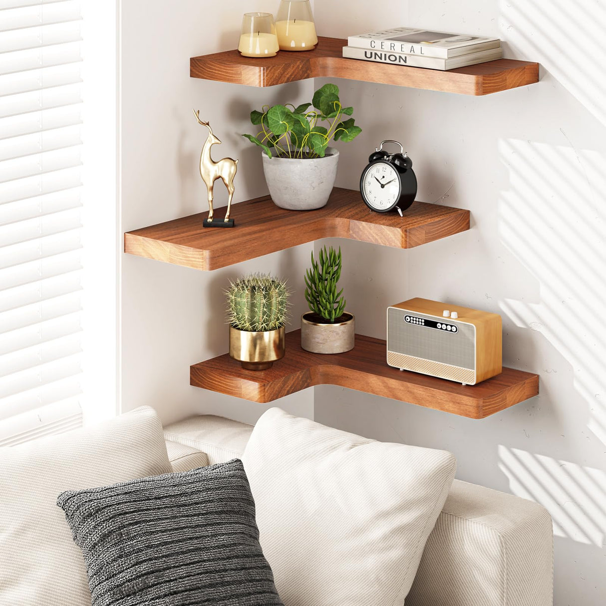 Fixwal Corner Floating Shelves for Wall Mounted Natural Solid Wood 16"x11.4" Farmhouse Home Decor Display Shelving Set of 3 (Rustic Brown) Fixwal
