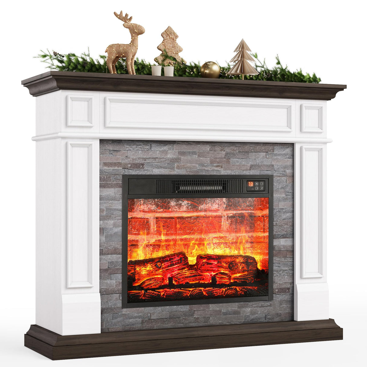 LGHM 44" Electric Fireplace with Mantel, Portable Freestanding Wood Stove Heater, Realistic 3D Dancing Flame Effect and Stacked Stone Surround, Remote Control Timer for Living Room, Bedroom LGHM