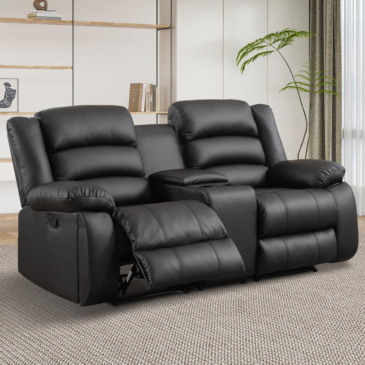 EBELLO Faux Leather Manual Loveseat Recliner, Reclining Sofa Chair with 2 Concealed Cup Holders, Hidden Storage, Overstuffed Armrest Couch Set for Living Room, Bedroom, Meeting Room, Black EBELLO