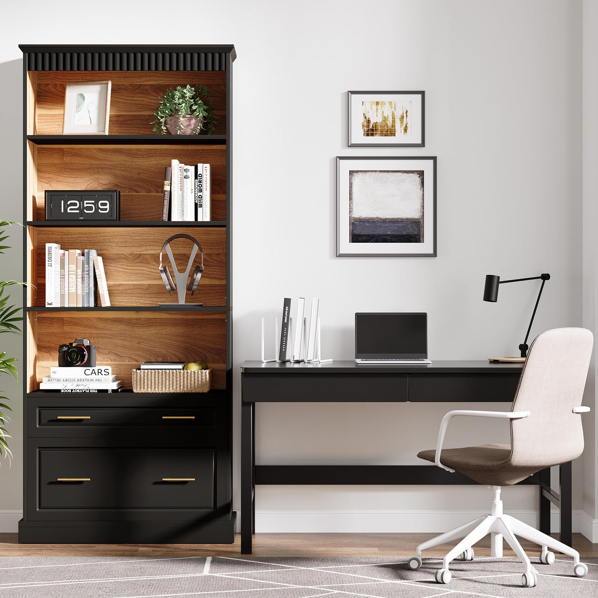 Tribesigns 5-Shelf Bookcase with File Cabinet Drawer, 72" Tall Bookshelf, Modern Free-Standing Wood Bookcase, Large Open Display Storage Book Shelf for Living Room (1, Black) Tribesigns