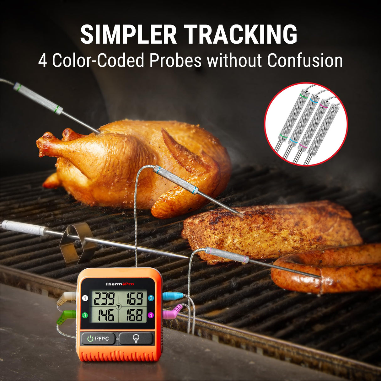 ThermoPro TP829 1000ft Wireless Meat Thermometer Digital for Grilling and Smoking, 4 Meat Probes Grill Thermometer for Outside Grill, BBQ Thermometer for Cooking Beef Turkey Smoker Acessories Gifts ThermoPro