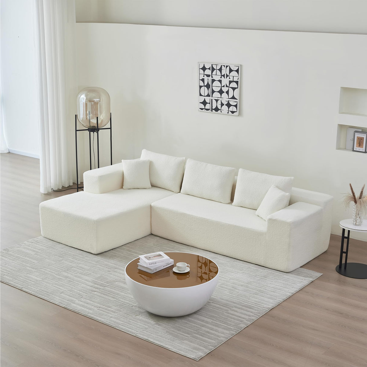 VnndeNest 104'' Modular Sectional Couch, Lambwool Sherpa Fabric Corner Sofa, Comfy Upholstered L-Shape Sectional Sofa with Chaise Lounge, 5 Seater Cloud Sofa for Living Room, Bedroom, Apartment, White VnndeNest