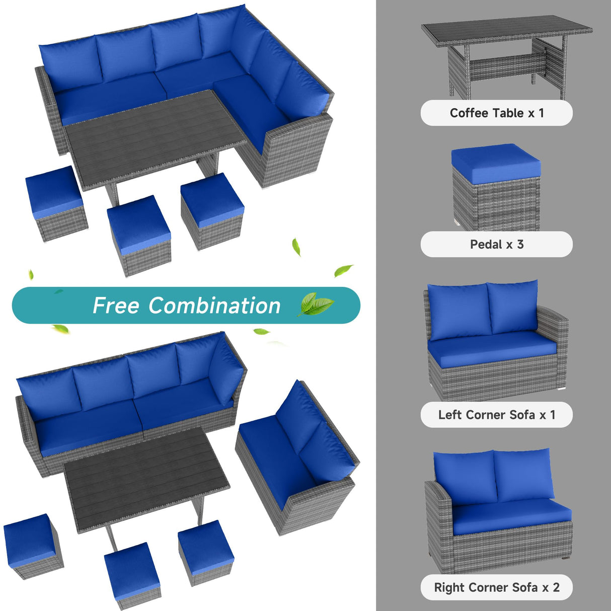 IDEALHOUSE 9 Seat Outdoor Patio Furniture Set - 7-Piece PE Rattan Outdoor Dining Set with Dining Table and Ottomans, Patio Table and Chairs Set Outdoor Furniture Set for Garden Poolside Backyard IDEALHOUSE