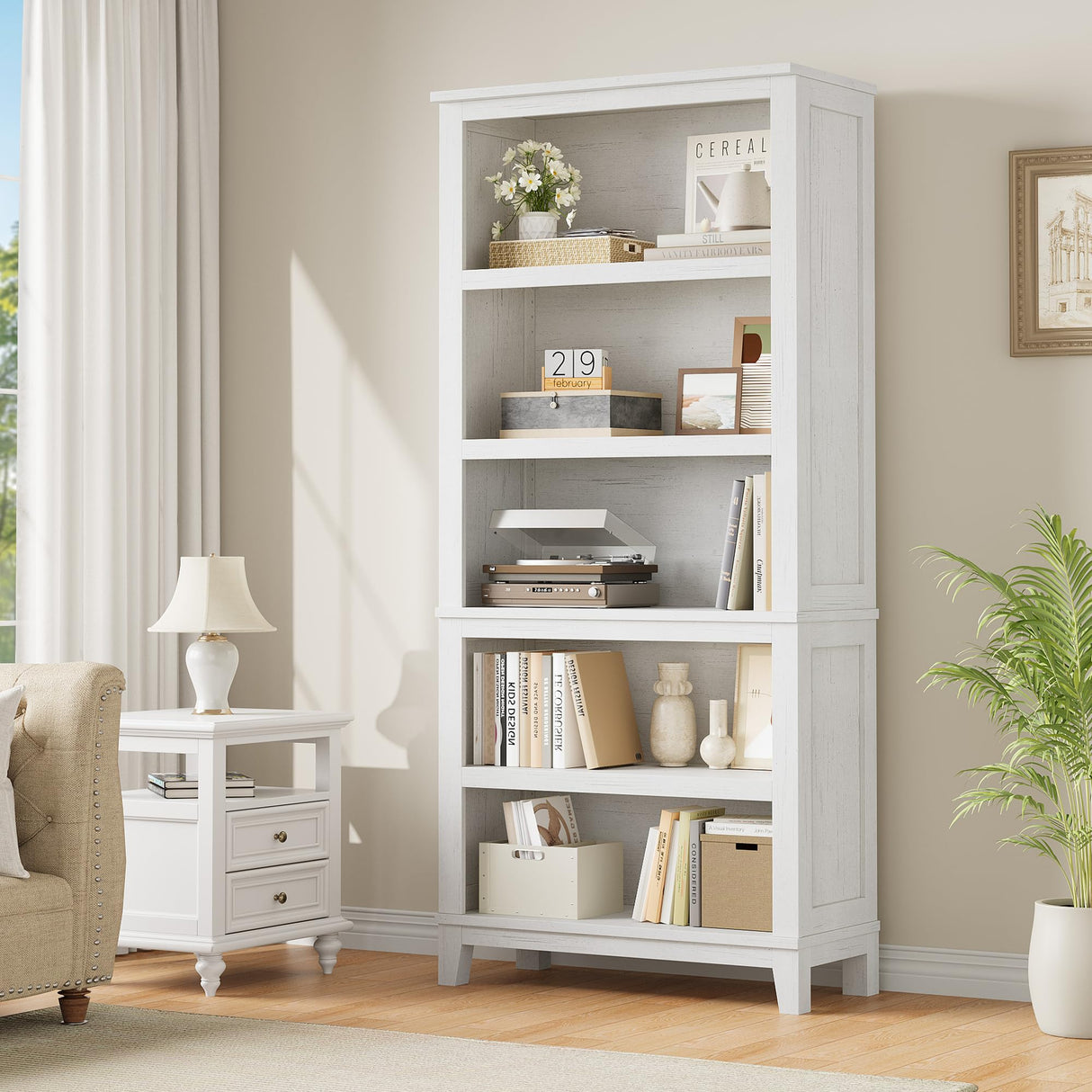 SLEKVERSA 71" Farmhouse Bookcase w/Adjustable Shelves & 31.5" Width, 5 Tier Tall Bookshelf with Wooden Legs, Rustic Vintage Book Shelf for Living Room Office Library (White) SLEKVERSA