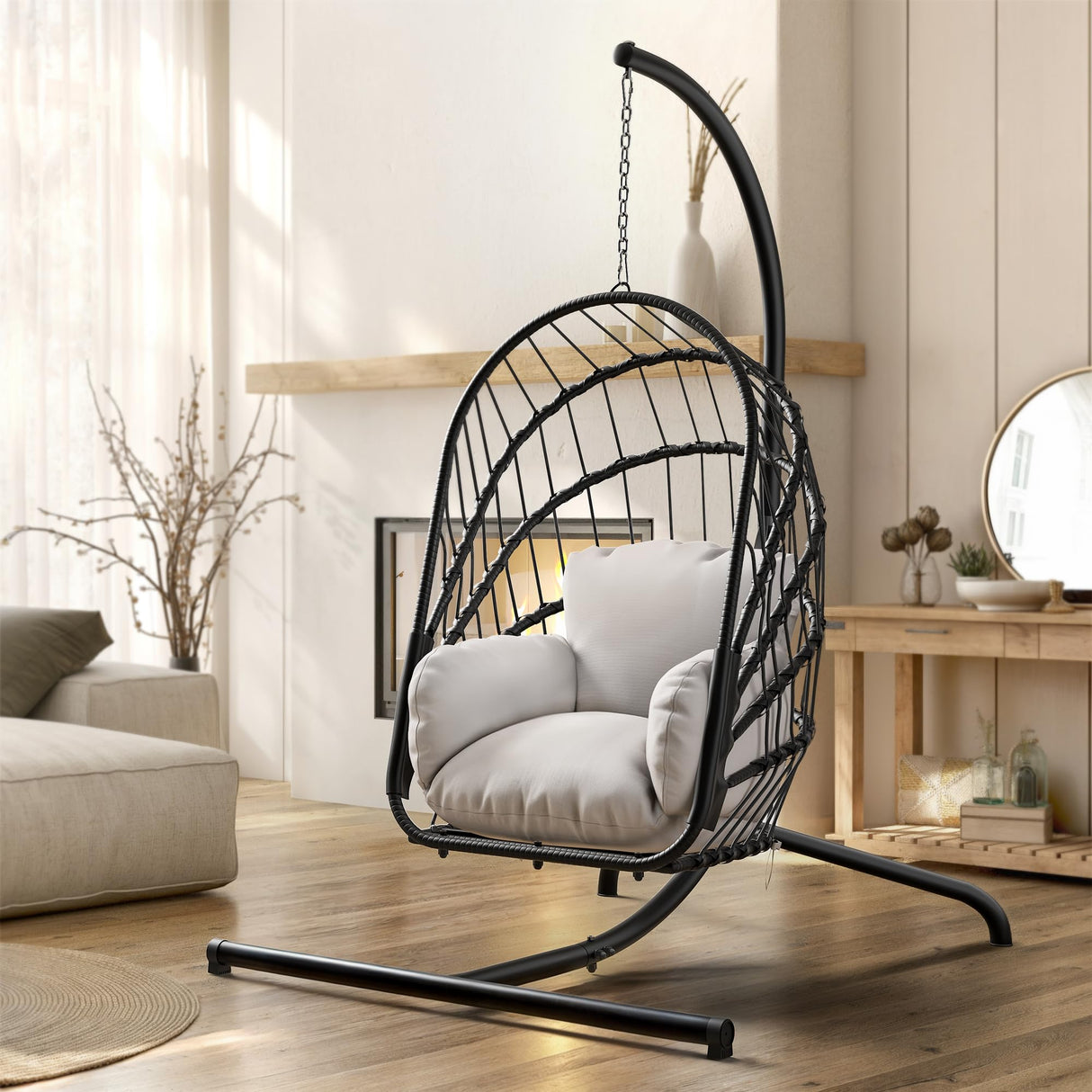 YITAHOME Hanging Egg Chair with Stand, Rattan Wicker Swing Egg Chair with Resistant Cushion, 350lbs Capacity, Foldable Hanging Rattan Basket Chair for Porch, Garden, Bedroom, Balcony, Grey YITAHOME