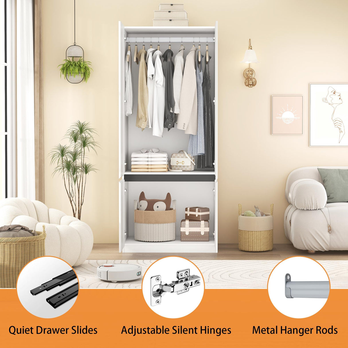 Armoire Wardrobe Closet with Doors: 75" White Large Wardrobe Closet with 2 Doors, Clothes Cabinets for Bedroom Armoires with Storage, Wood Wardrobes Closets for Hanging Clothes (C-Style, 31.5") Mhsatyrs