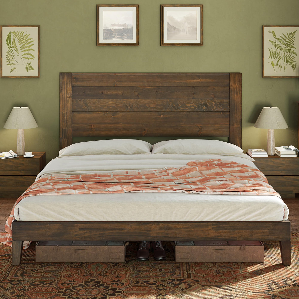 Jocisland Farmhouse Solid Wood Full Size Bed Frame with 48'' High Headboard, Rustic Platform Bed with Under-Bed Storage, No Box Spring Needed, Heavy Duty Support for Small Bedroom, Dark Brown Jocisland