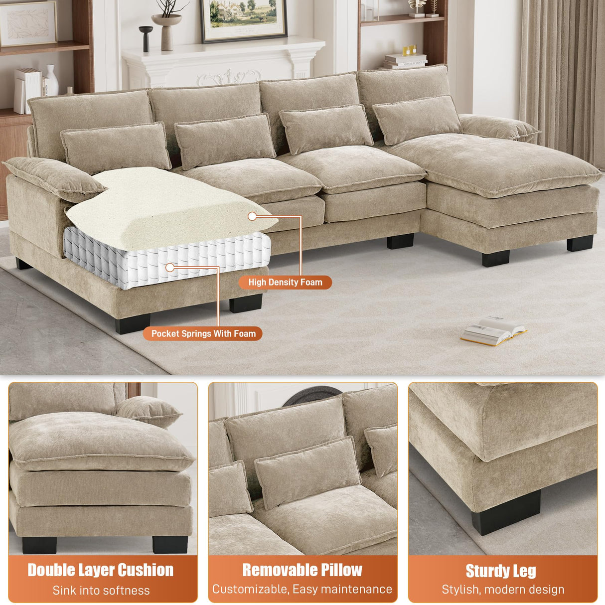 OUYESSIR 110" U Shaped Cloud Sectional Sofa with Deep Seat Cushions, Modern Comfy Chenille Couch, 4 Seater Fluffy Sectional Couches for Living Room with Double Chaise(Light Brown) OUYESSIR