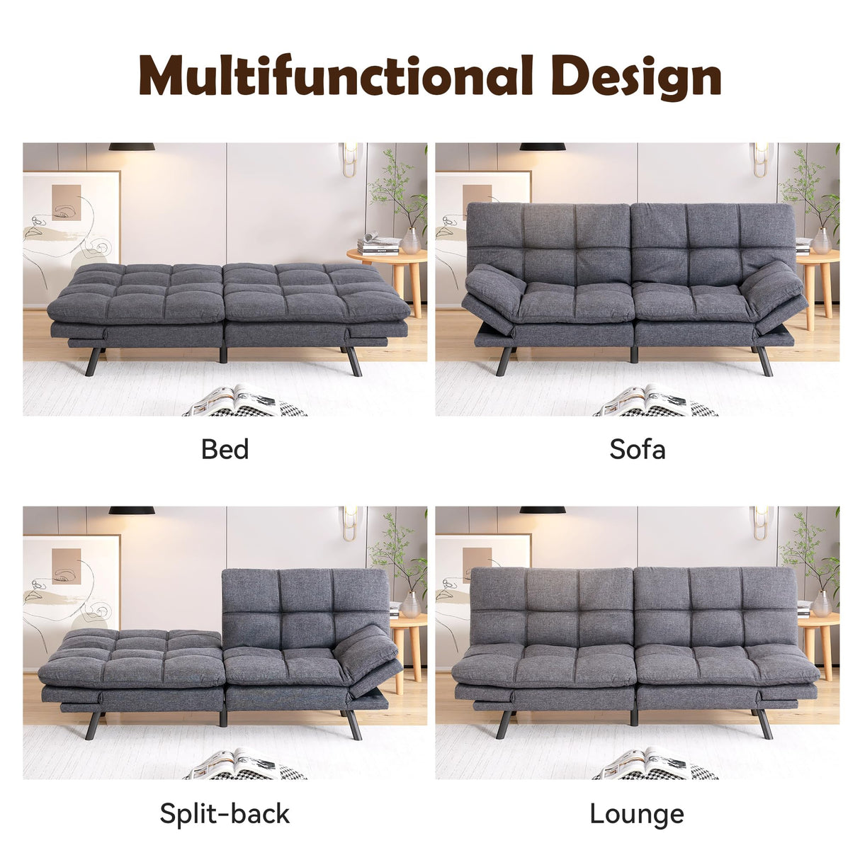 AMICLIBER Futon Sofa Bed, Grey Linen Memory Foam Futon Sleeper Sofa Loveseat Convertible Couch Bed for Small Compact Living Spaces,Apartment AMICLIBER