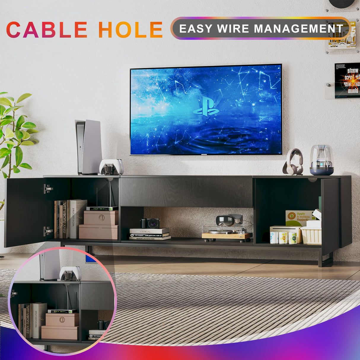 TV Stand for 75 inch TV, Entertainment Center with LED Light, Modern Wood TV Console with Texture Entertainment Stand with Highlight Storage Cabinet for TVs Up to 70-80" Black HUAHUU