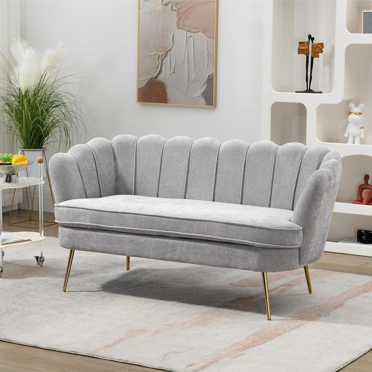 Anwick 59" Small Modern Chenille Loveseat Sofa, 2-Seater Sofa with Gold Metal Legs, Small Couch with Flower Shaped Back for Living Room Bedroom Office (Light Gray) Anwick