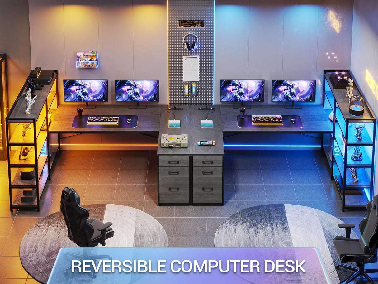 SEDETA Corner Computer Desk, Reversible U Shaped Office Desk with 3 Fabric Drawers and Power Outlet, Corner Gaming Desk with LED Lights, Storage Shelves, Grey SEDETA