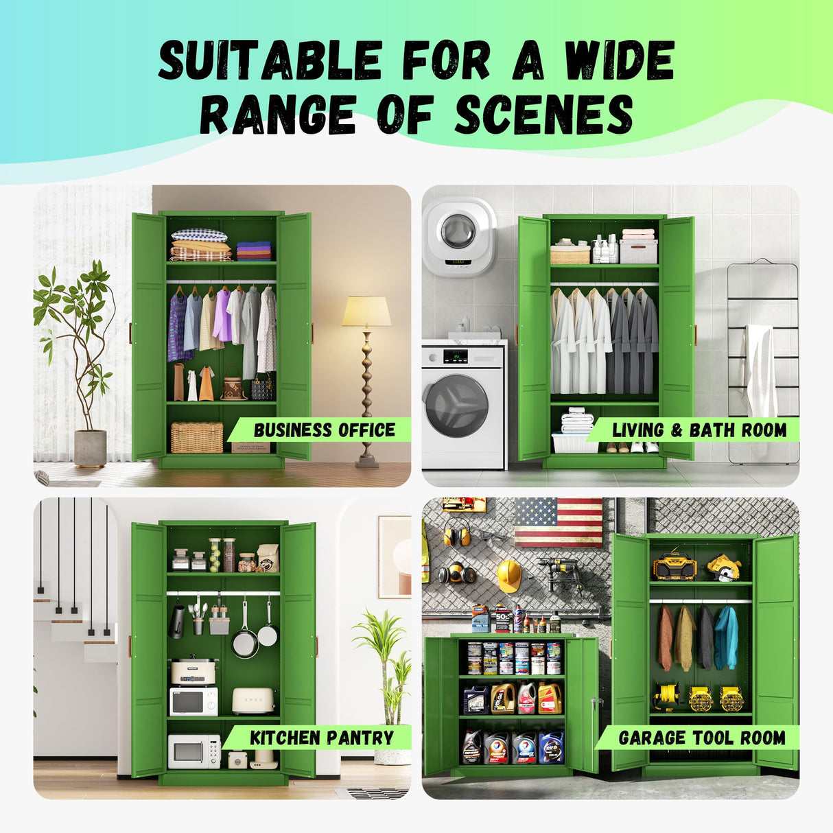 Bonusall Metal Wardrobe Cabinets with Single Rod and 2-Shelves, 70" Heavy-Duty Steel Clothing Storage Cabinets with 2 Doors, Green Armoire Wardrobe Closet for Bedroom, Laundry Room or Living Room Bonusall