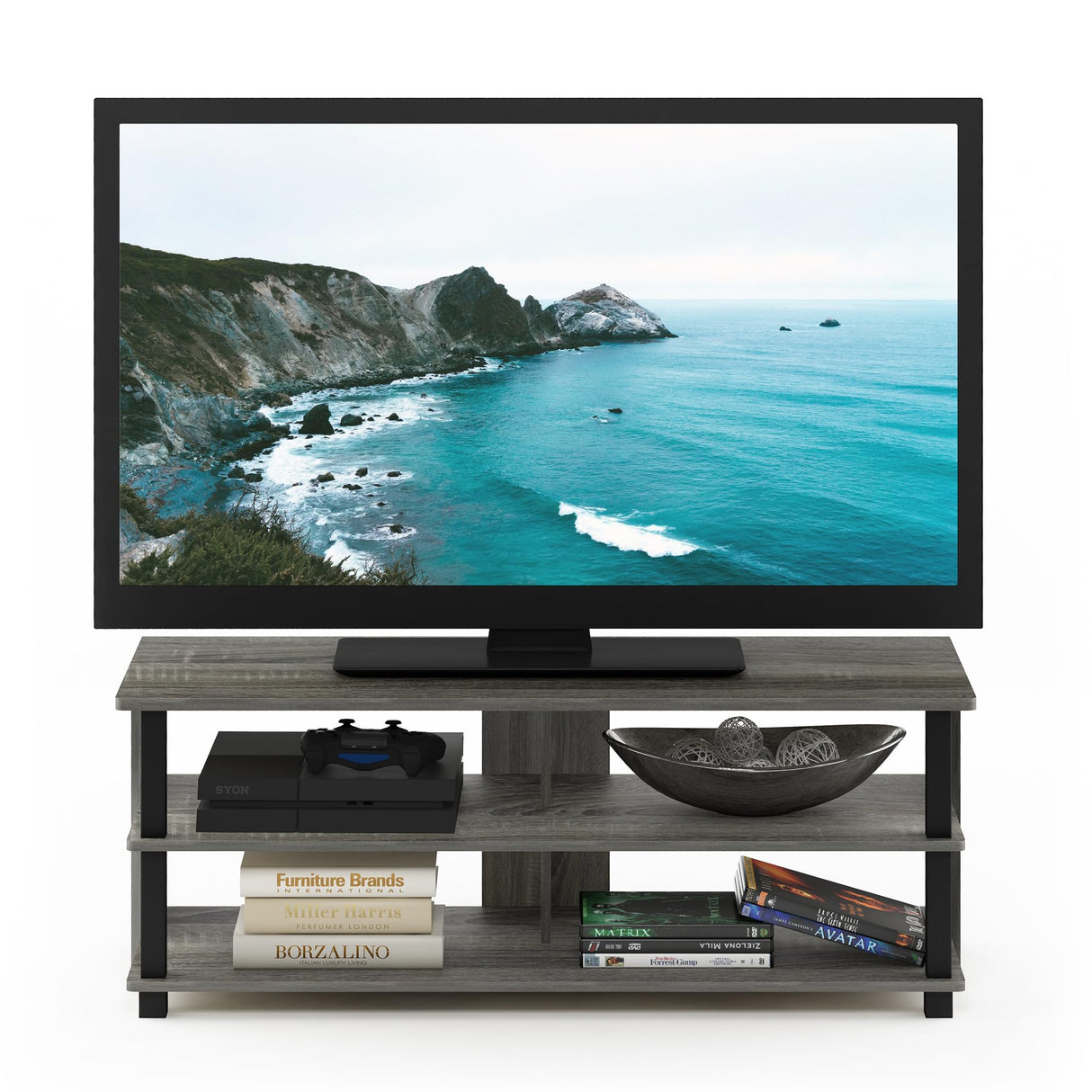 Furinno Sully 3-Tier Stand for TV Up to 48 Inch, French Oak Grey/Black Furinno