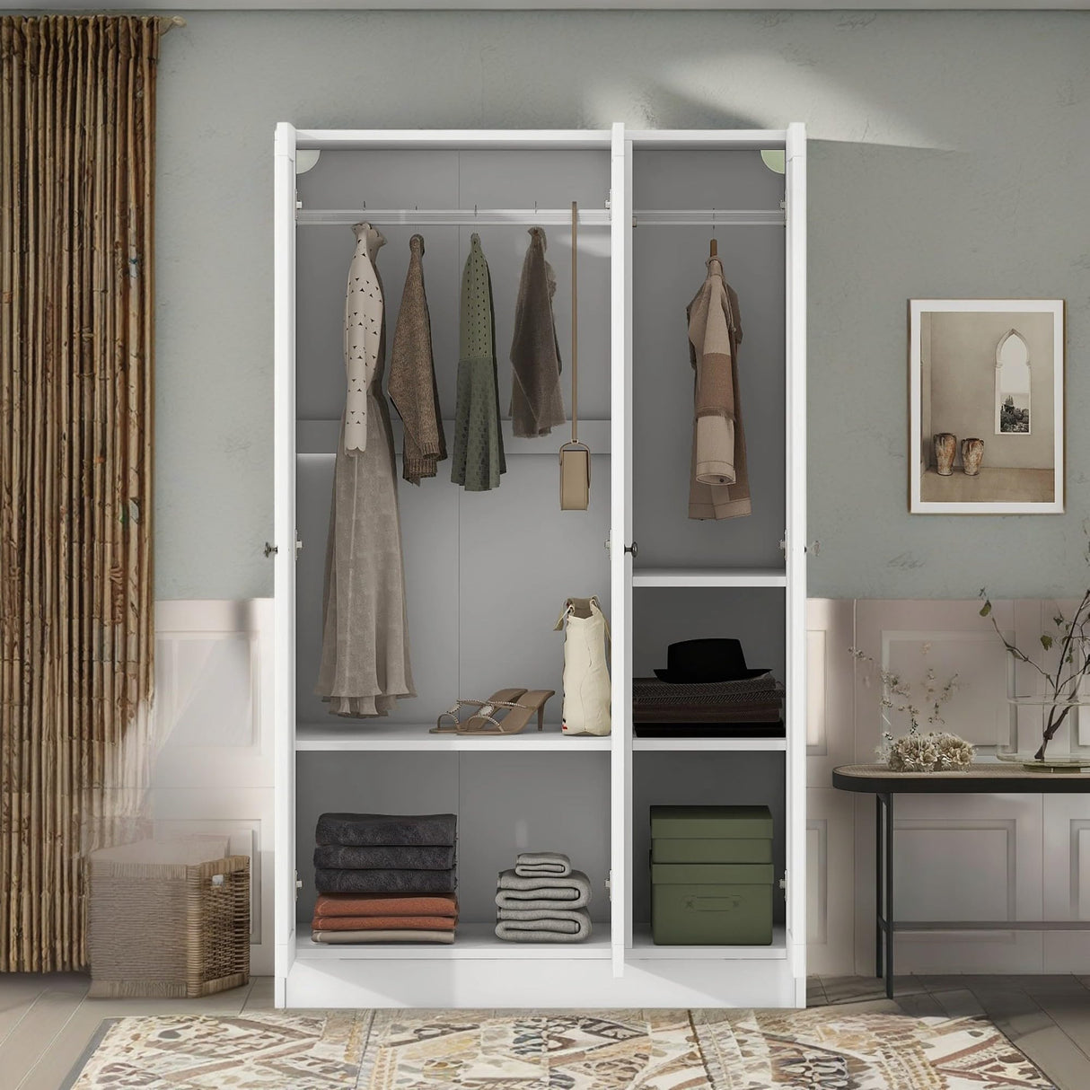 KELRIA Modern 3-Door Armoire Wardrobe with Shelves and Hanging Rod, Large Freestanding Storage Wardrobe Closet, Wooden Clothes Storage Organizer Cabinet for Bedroom, Guest Room, White KELRIA