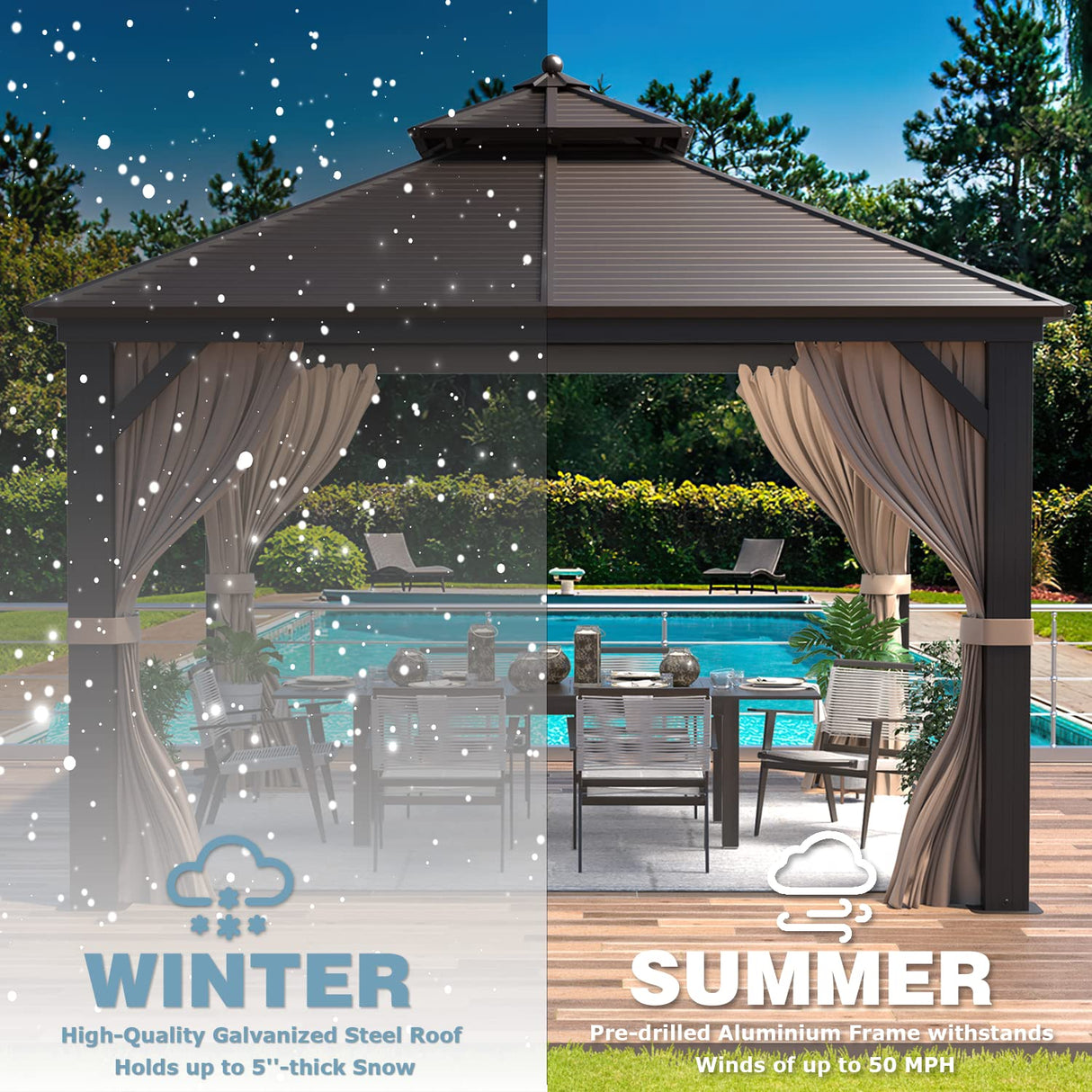 MELLCOM 12' x 12' Hardtop Gazebo, Galvanized Steel Double Roof Outdoor Gazebo, Aluminum Frame Metal Gazebo with Netting and Curtains for Patios, Gardens, Lawns Brown MELLCOM