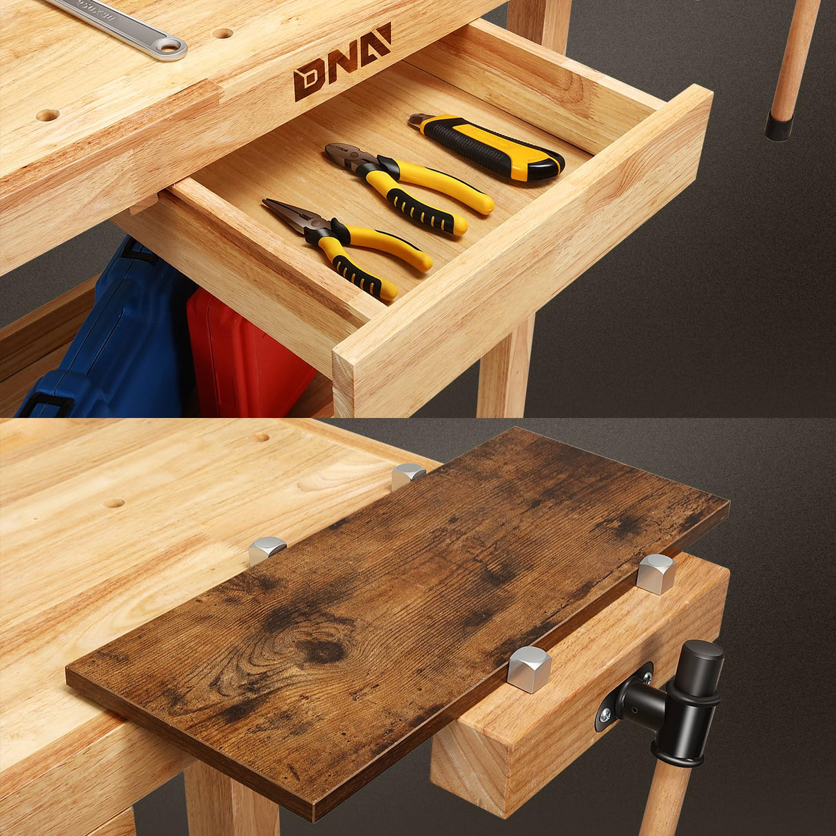 DNA MOTORING Heavy Duty Wood Workbench, Wooden Workbench with Drawer for Workshop, Garage, W/Adjustable Handle, TOOLS-00520 DNA MOTORING