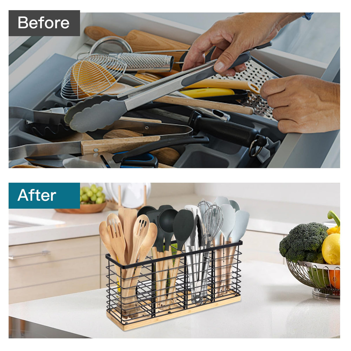 Suli Extra Large Kitchen Utensil Holder with 4 Compartments,Matte Black Metal holder with Wooden Base for Kitchen Countertop,Farmhouse Cooking Utensil Storage, Rustic Cooking Utensil Suli