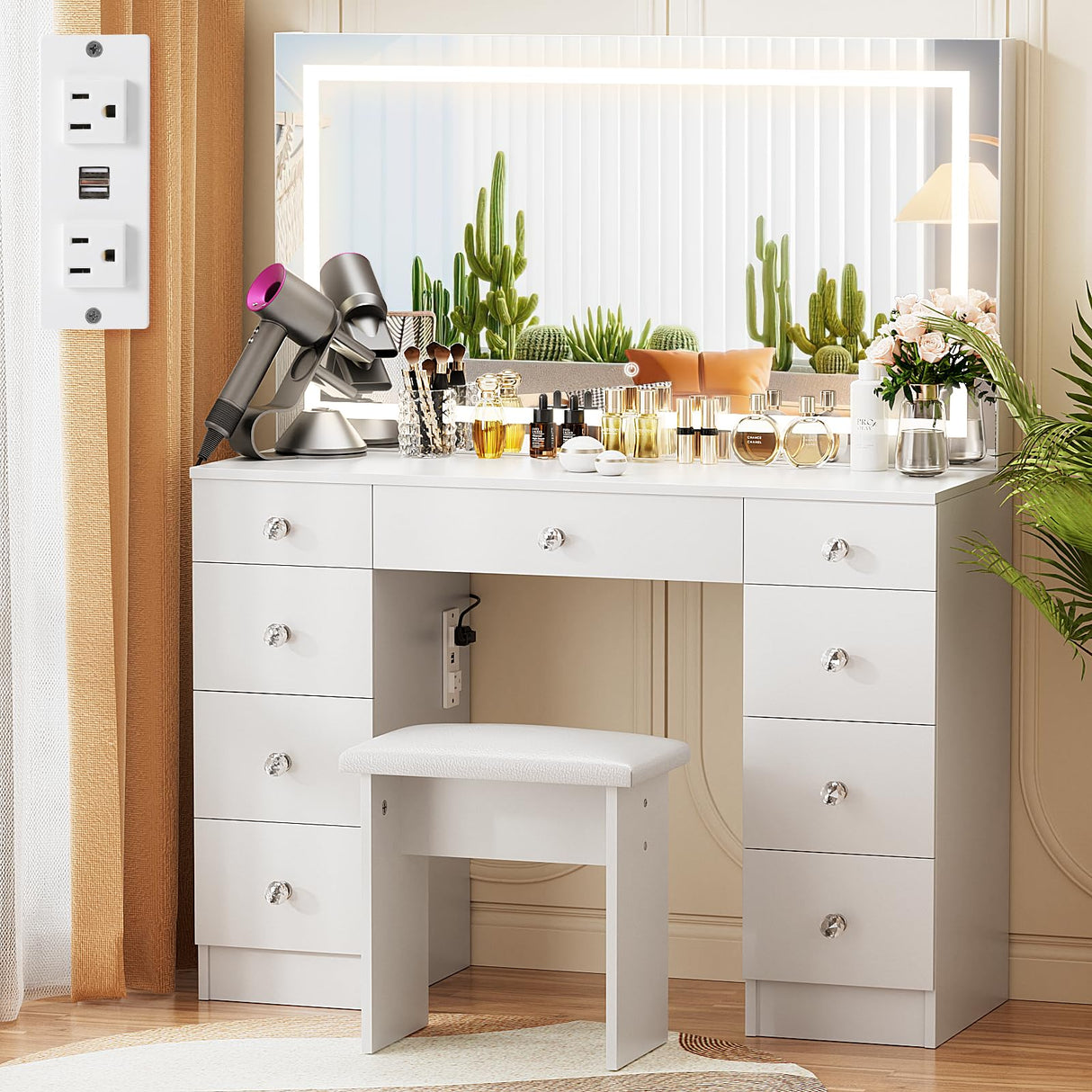 VOWNER Vanity with Lighted Mirror - Makeup Vanity Desk with Power Outlet and 9 Drawers, 3 Color Lighting Modes Adjustable Brightness, 43" Vanity Table with Soft Cushioned Stool for Bedroom, White VOWNER