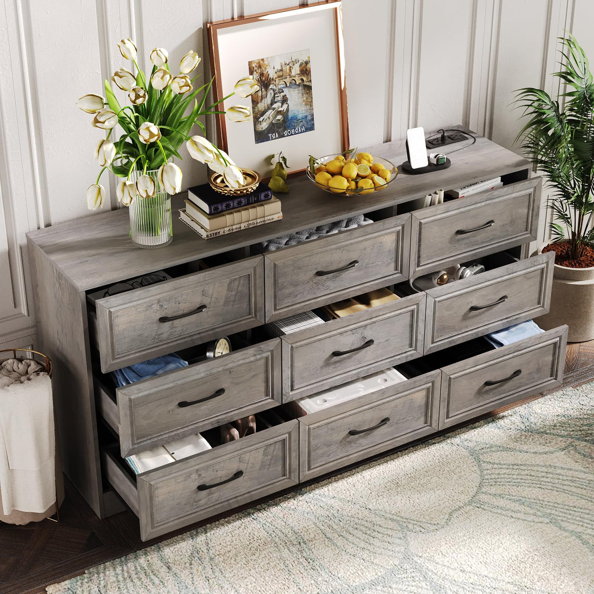 Fameill Dresser for Bedroom, 9 Drawer Wide Dresser Organizer with Charging Station, Tall Dresser for Hallway, Wood Dresser with Metal Handles, Ash Grey Fameill