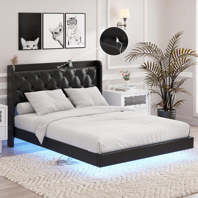 Full Size Floating Bed Frame with LED Lights, Upholstered PU Leather Platform Bed with Charging Station & Button Tufted Headboard Storage, No Box Spring Needed, Black