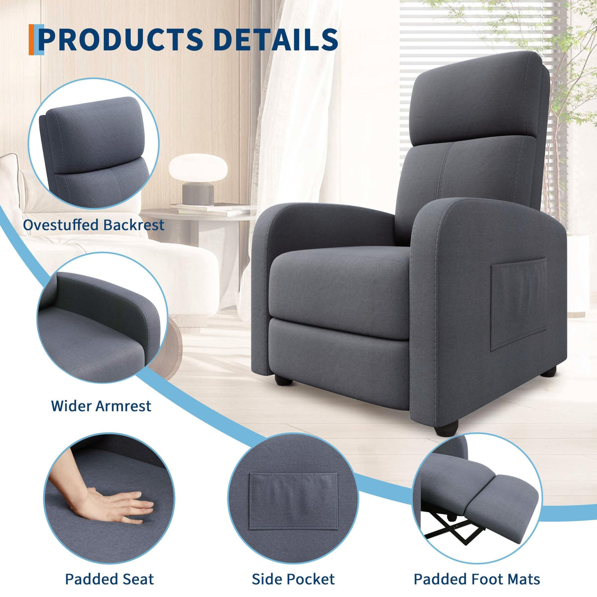 Garvee Recliner Chair for Adults, Lazy Recliner Ergonomic Adjustable Single Sofa Enhanced with Side Pocket, Tall Back, Wide Arms & Padded Seat, Home Theater Seating for Living Room Garvee