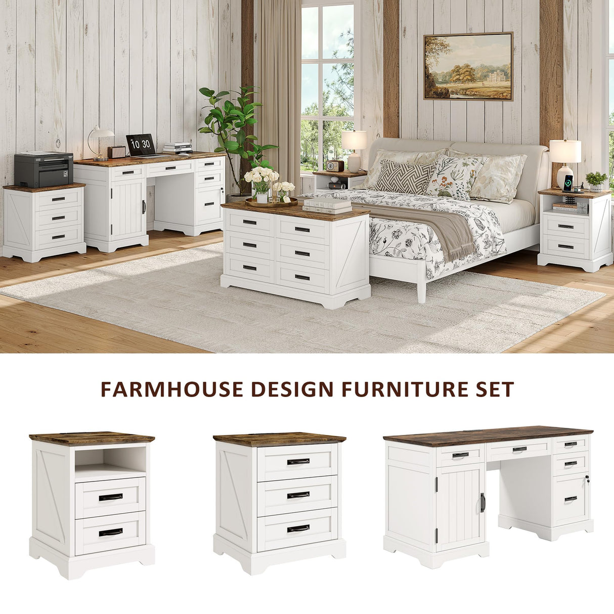 Whalefall Farmhouse Night Stand Set of 2, Large 3 Drawers Bedside Table with Charging Station, 22 inch Wide End Table for Bedroom, 2pcs White Whalefall