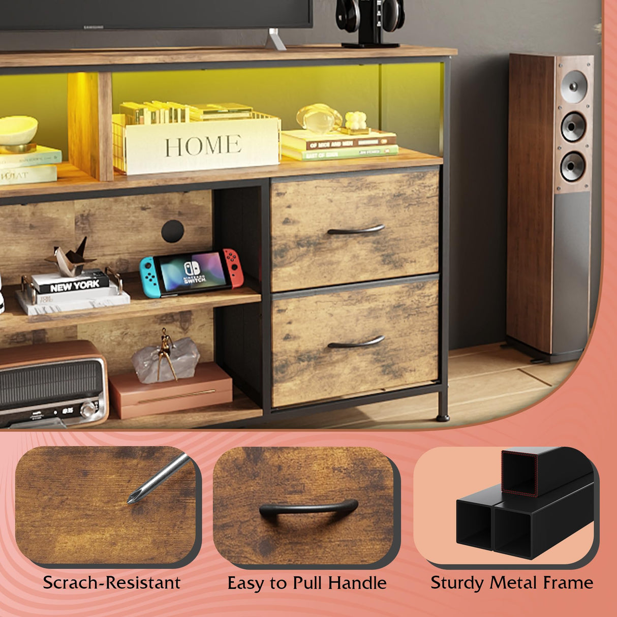 WLIVE TV Stand Dresser for 50,55,60 inch TV, Entertainment Center with LED Lights & Fabric Drawers, Dresser TV Stand for Bedroom and Living Room with Open Shelves, Rustic Brown WLIVE