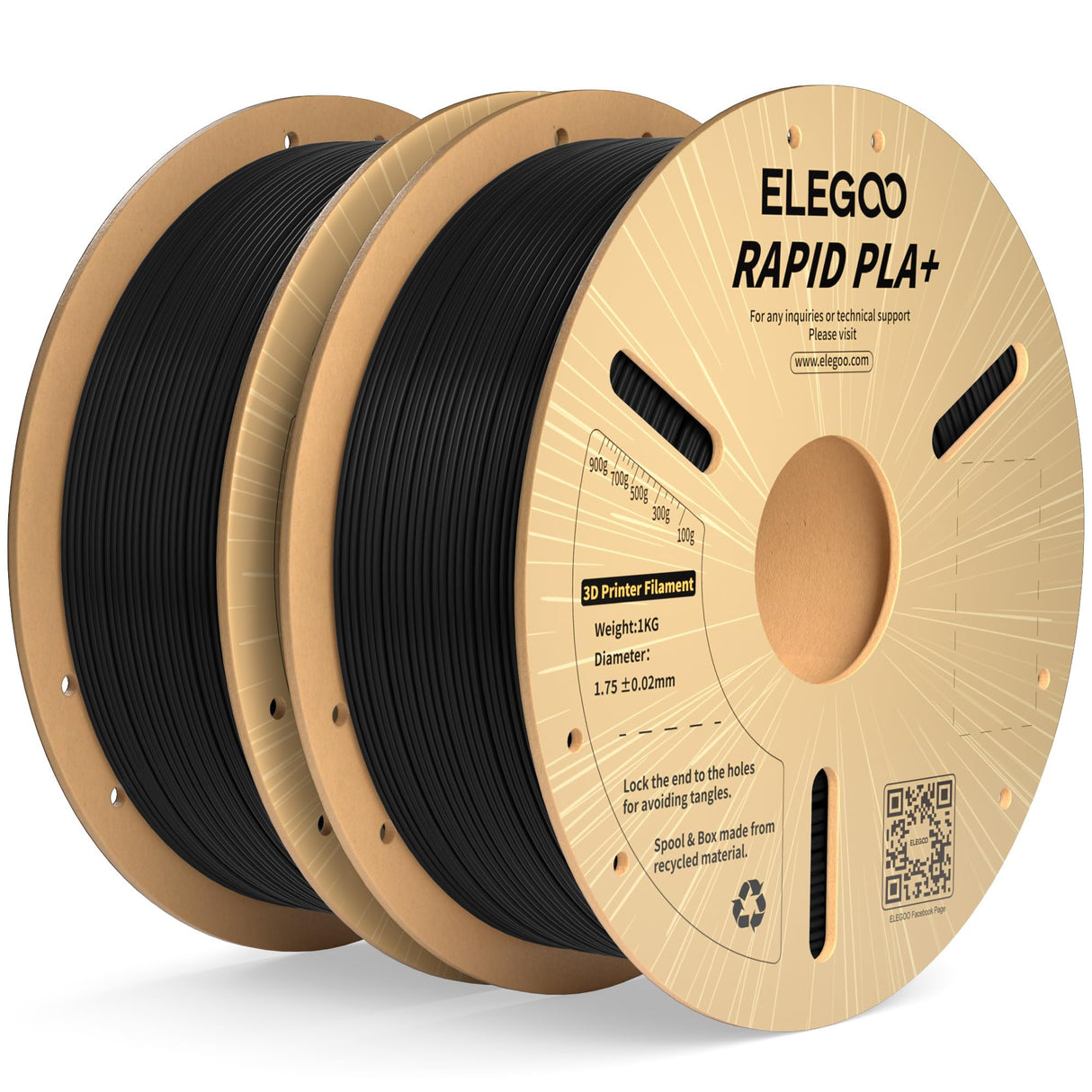 ELEGOO Rapid PLA Plus Filament 1.75mm Black 2KG, PLA+ 3D Printer Filament for 600 mm/s High Speed Printing, Dimensional Accuracy +/- 0.02 mm, 2 Pack 1kg Spool(2.2lbs) ELEGOO