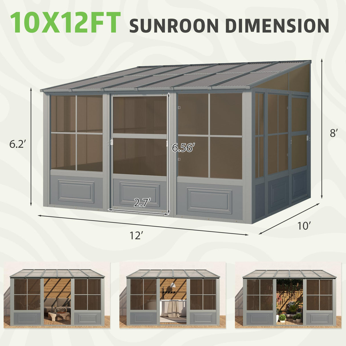 EROMMY 10' x 12' Sunroom, Wall Mounted Gazebo Solarium with Aluminum Frame, Polycarbonate Roof, Permanent Sun Room with Sliding Doors, Lockable PC Screen Walls, Lean to Gazebo for Garden, Patio, Deck EROMMY