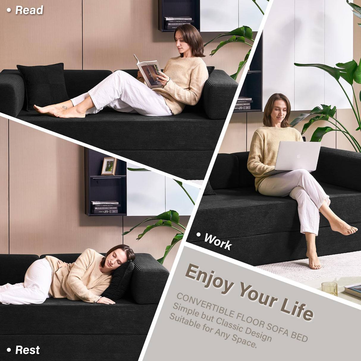 YINIX Foldable Sofa Bed, 81'' Folding Floor Couch, Compressed Convertable Sleeper Sofa, Memory Foam Couch with Pillow Back Support Armrest, 4-in-1 Futon Sofa Bed for Living Room, Black YINIX