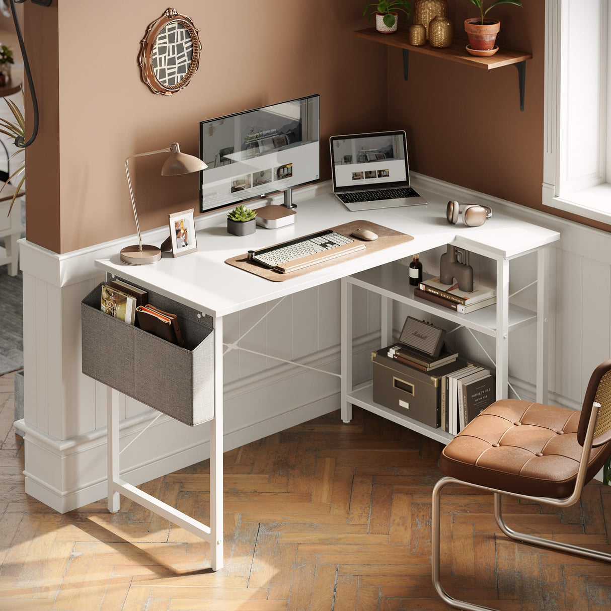 BANTI L Shaped Small Computer Desk with Storage Shelves, 40" Home Office Small Corner Desk Study Writing Table, White BANTI