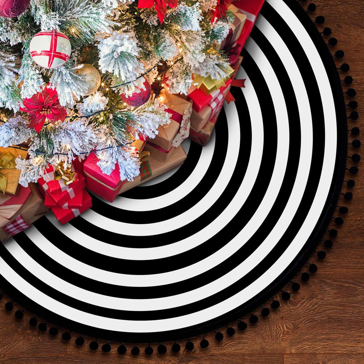 MACTING Christmas Black and White Tree Skirt, 30 Inch Annual Rings Tree Mat with Pom Poms for Xmas Tree Halloween Indoor Home Holiday Party Christmas Decorations MACTING