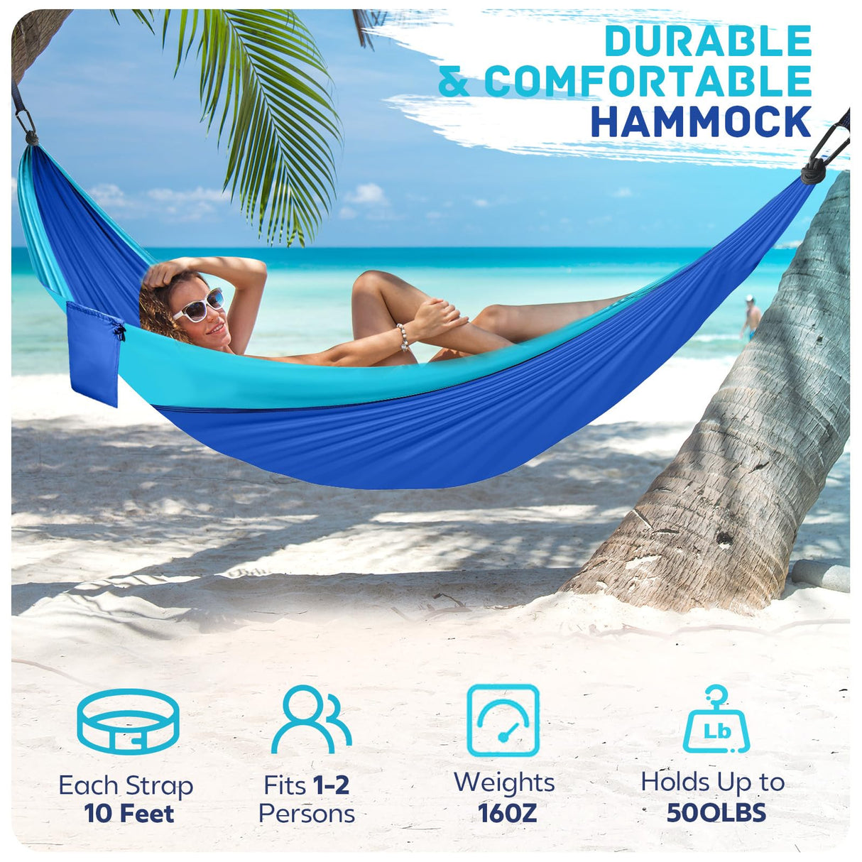 Camping Hammock Lightweight, Portable Hammocks Parachute Hammock with Two Tree Straps, Single or Double Travel Swing Nylon Camp Hammocks, Outdoor Essentials for Beach Backpacking Hiking, Blue PUPTILY