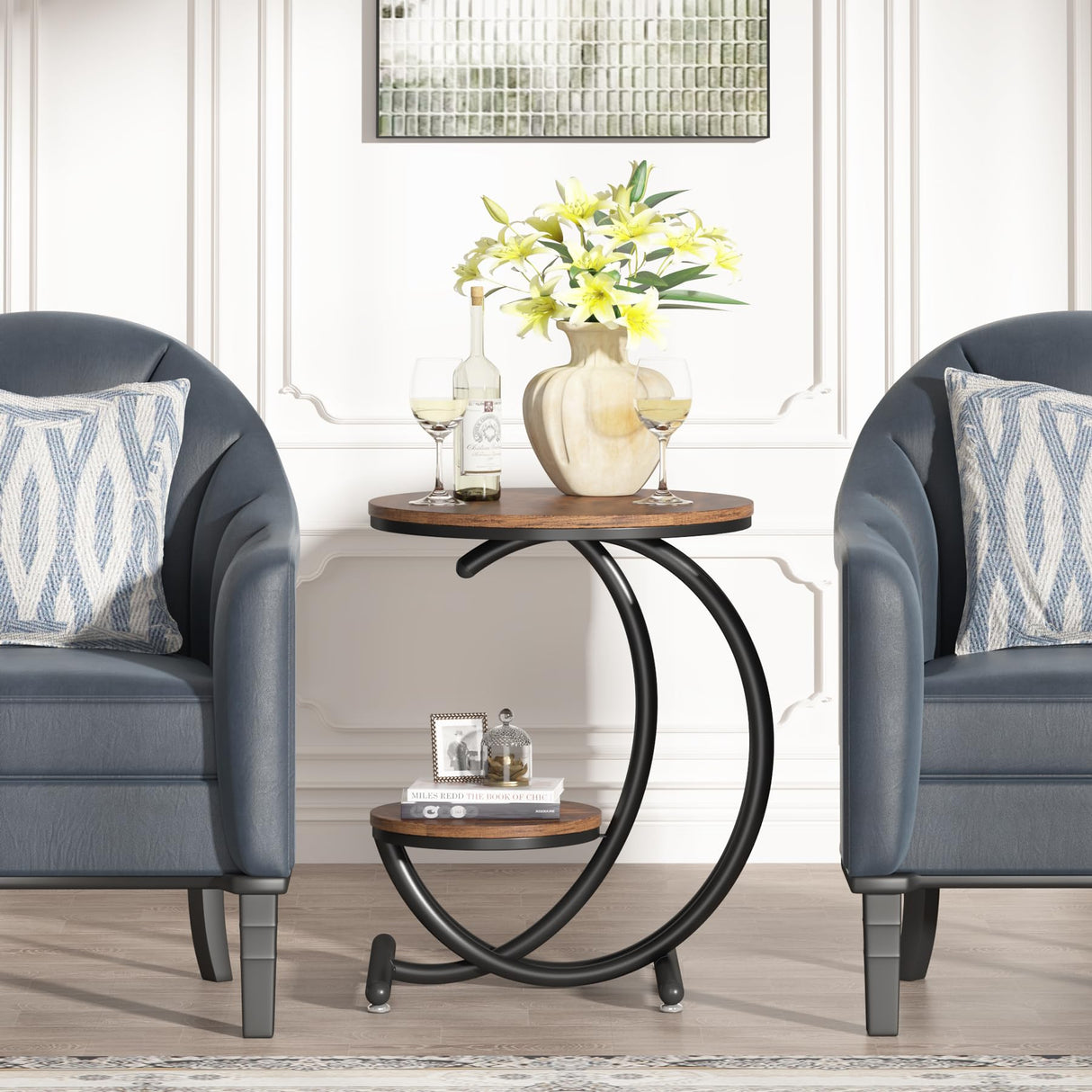 Tribesigns 2-Tier Side Table, Industrial Round End Table with Storage Shelf, Small Accent Table, Modern Nightstand Bedside Table for Living Room, Bedroom (1, Brown/Black) Tribesigns