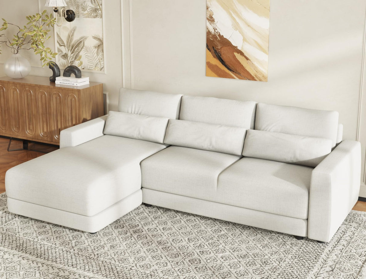 Merax 93"*61" Linen Sectional Couches with Removable Back Cushions and 3 Pillows, Birch Wood L-Shaped Upholstered Modular Sofa Chaise for Living Room, Offices, Apartment, Beige Merax