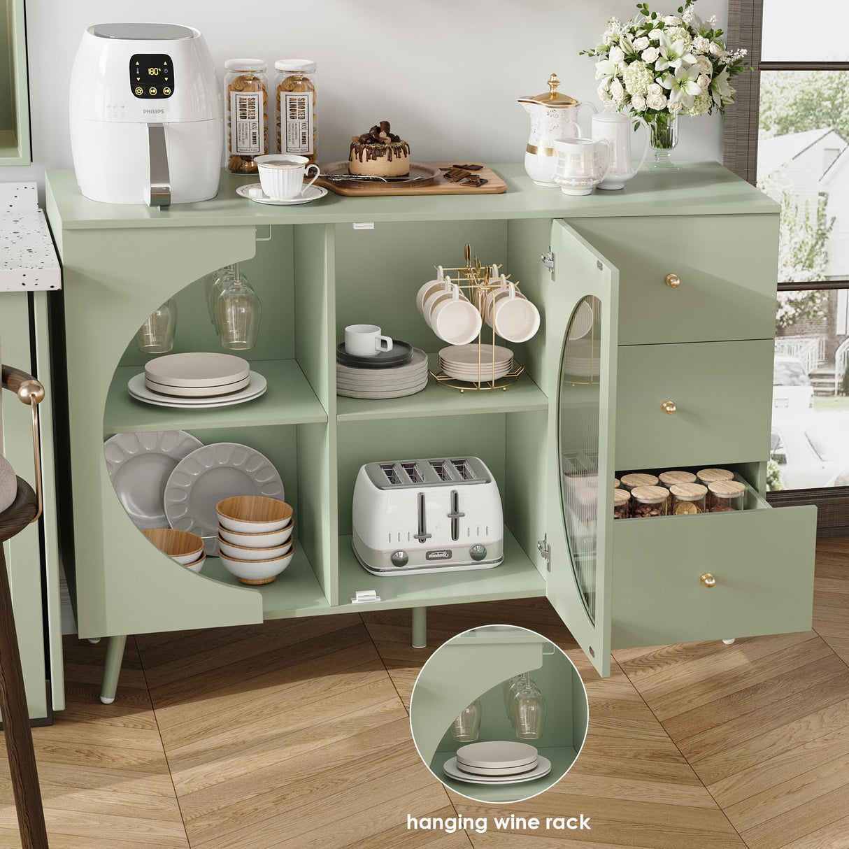 FACBOTALL Coffee Bar Cabinet with Fluted Glass Door, Modern Cream Style Buffets & Sideboards with Wine Glass Rack, Buffet Cabinet with Storage for Dining Room, Living Room, Green FACBOTALL