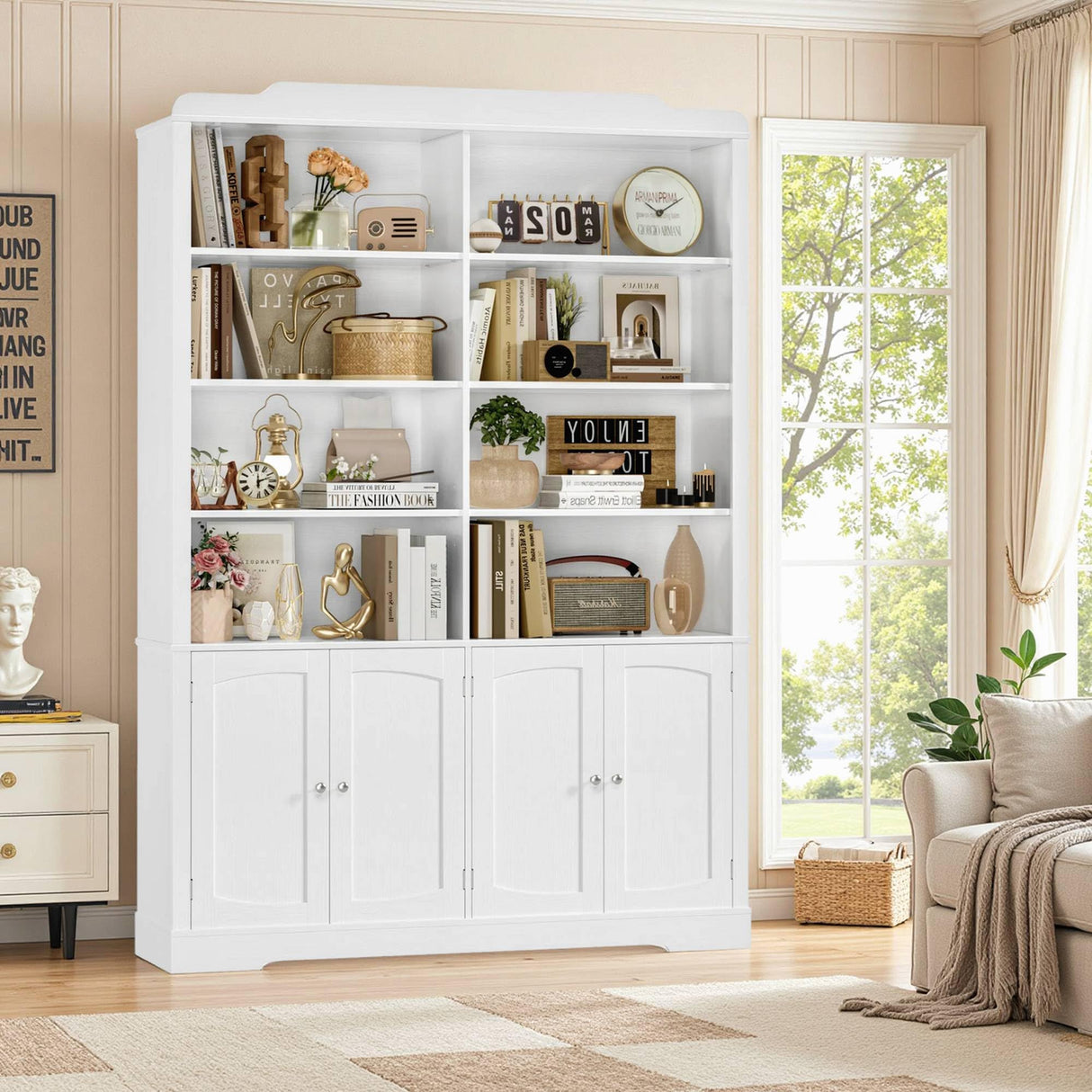 FACBOTALL 73.1" Tall Bookcase and Bookshelf, Wide Bookshelf with Doors and Adjustable Shelves, 6 Tier Large Bookshelf with Storage, Tall Storage Cabinet for Living Room, Home Office, White FACBOTALL