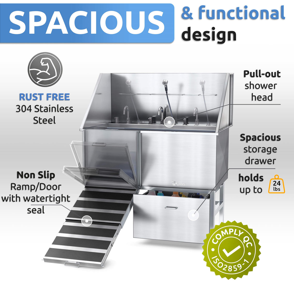 KANIS Professional Stainless Steel Dog Bathing Station - Dog Grooming Tub w/Ramp, Storage Drawer, Floor Grate & Faucet/Dog Bathtub for Large, Medium & Small Pets (50", Left RAMP - 1 Drawer) KANIS