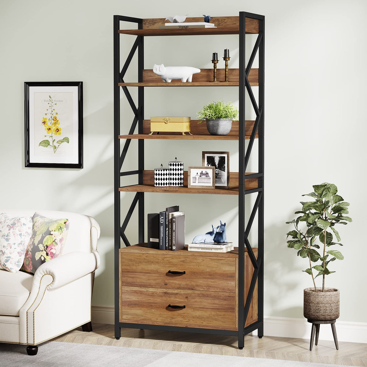 Tribesigns Rustic Brown 70.8" Industrial Bookshelf with 2 Drawers and 5 Open Shelves Tribesigns