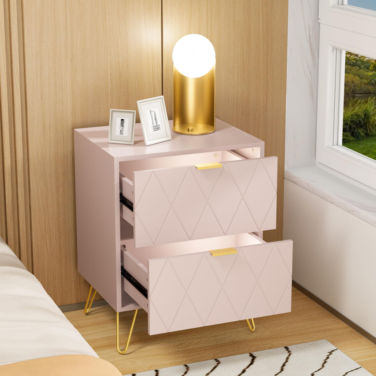 Anbuy Bedroom Sets 3 Pieces Pink Modern 9 Drawer Dresser and Nightstand Sets for Bedroom, Two Drawers Nightstand Set of 2 & 9 Drawer Dresser Combo 3 Pcs (Pink)