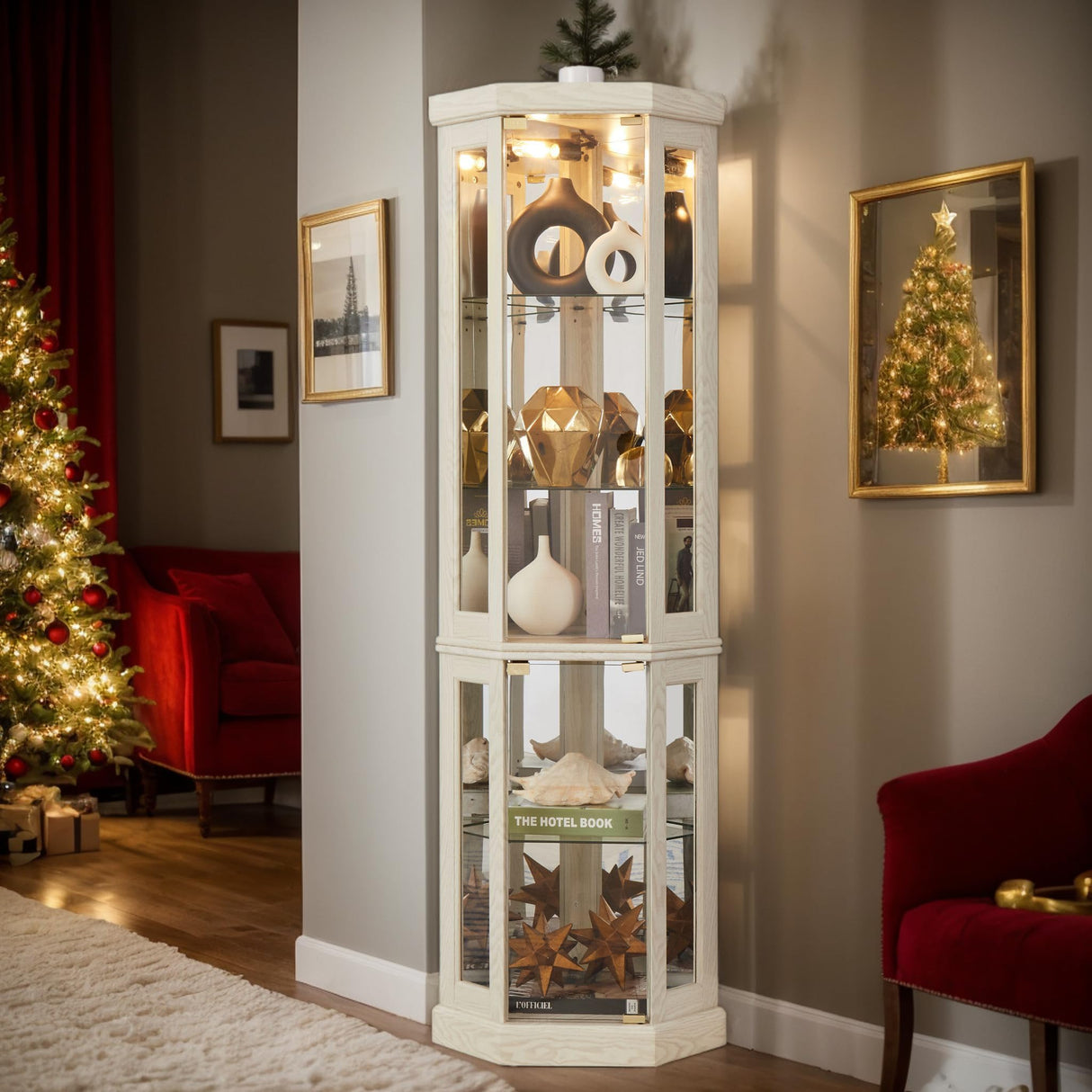 CKEASEAN 70" Curio Corner Cabinet, Lighted Glass Display Cabinet, Curio Cabinet with Tempered Glass Door, China Corner Display Cabinet Inclued Bulb, Rack for Living Room (White, 15.3"L 15.3"W 70"H) CKEASEAN