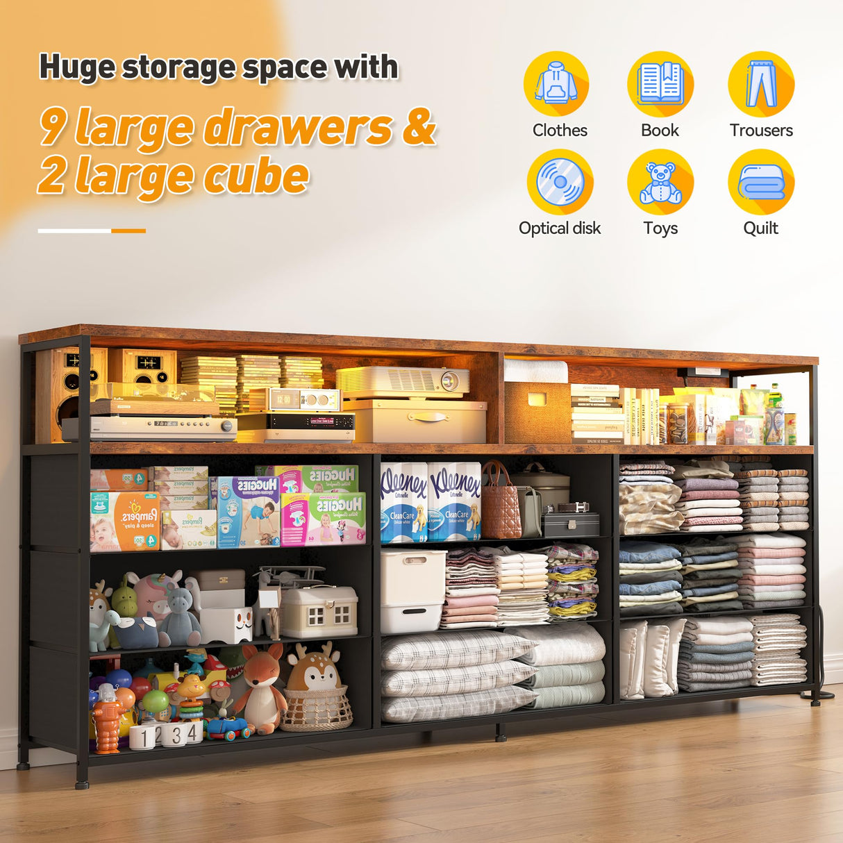 EnHomee 55” W Dresser, Rustic Brown Dresser for Bedroom with Power Outlet & LED Lights for 65" TV Stand Bedroom Dresser with 9 Fabric Drawers, Long Sturdy Dressers for Bedroom, Closet, Entryway EnHomee