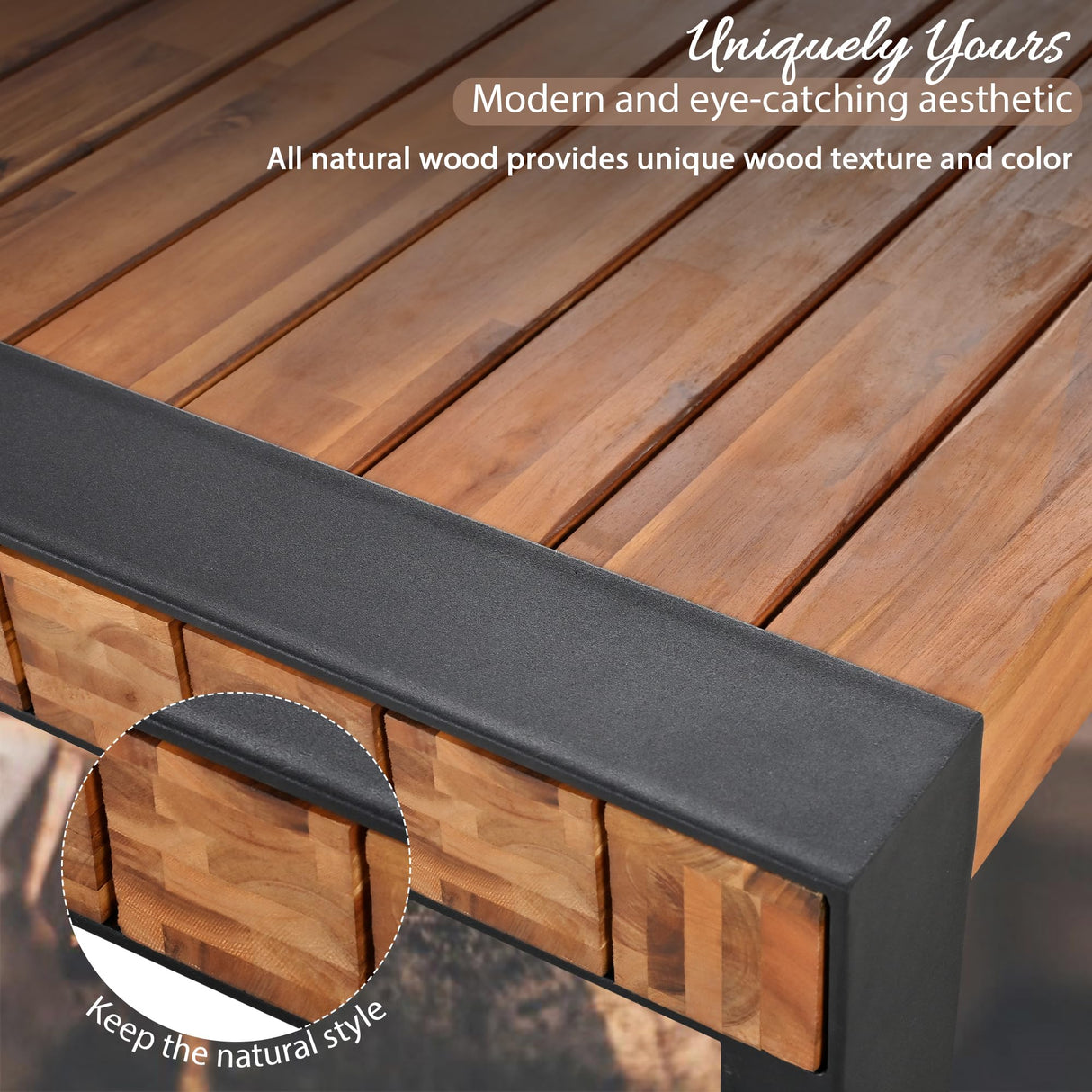 3 PC Outdoor Dining Set with 2 Benches, Acacia Wood Tabletop & Steel Frame, All-Weather Patio Furniture for Backyard, Garden, or Indoor Use, Natural pidock