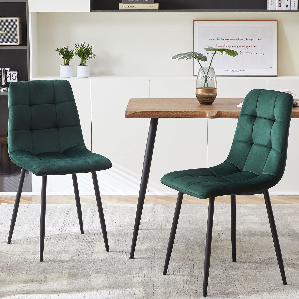 NORDICANA 5-Piece Dining Table Set, 47 in Modern Irregular Rectangle Kitchen Table & 4 Forest Green Velvet Upholstery Side Chairs, Metal Legs, Dining Room Set for 4 NORDICANA