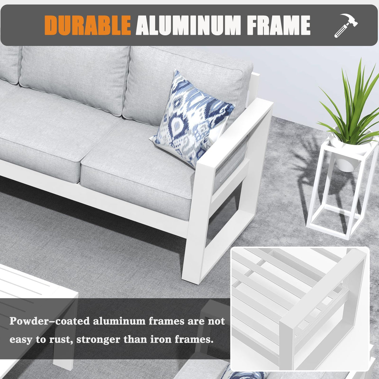 KHOLH 5 Piece Modern Aluminum Patio Furniture Set, Outdoor Patio Sectional Conversation Metal Seating Sets with Olefin Cushion and Coffee Table KHOLH