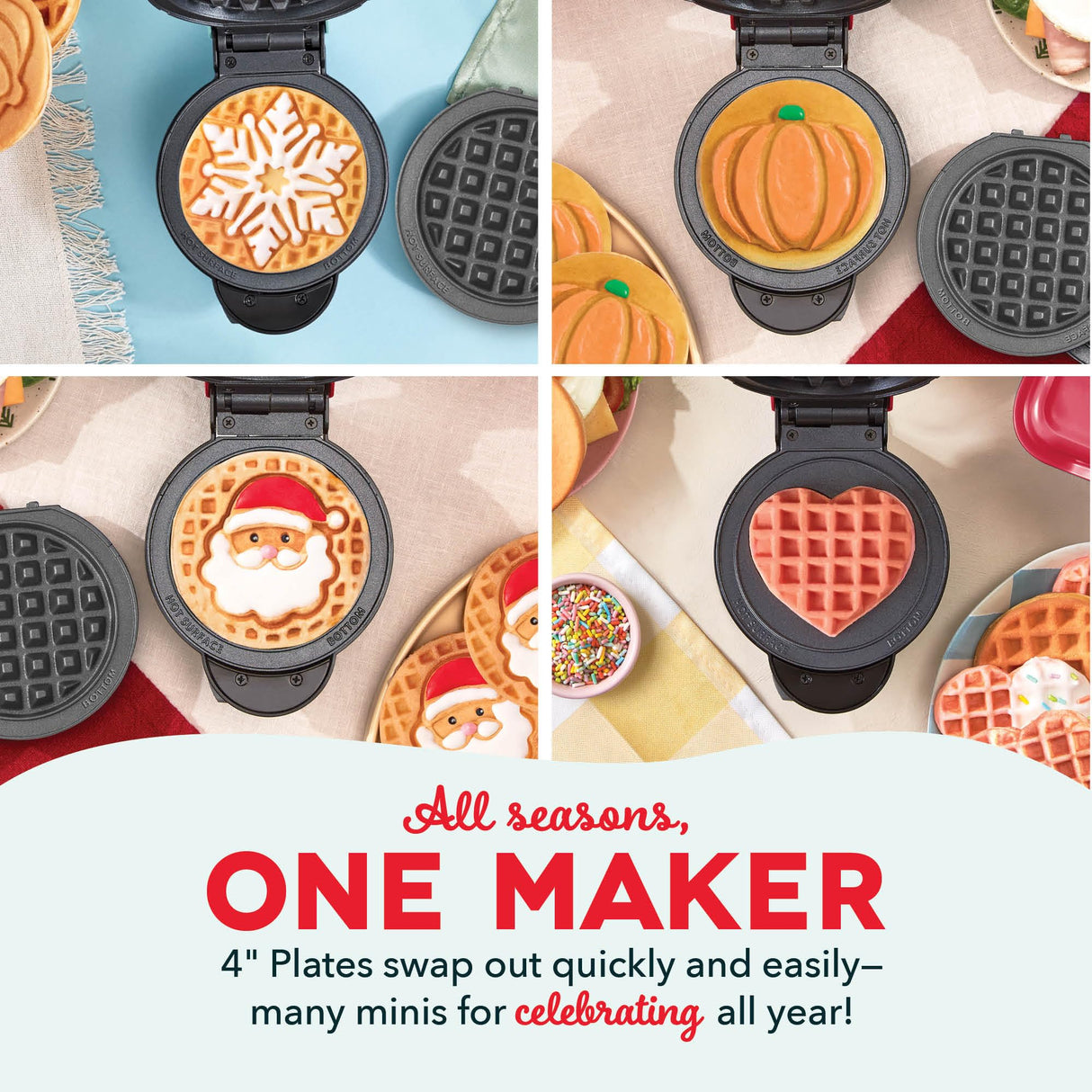DASH Holiday Multimaker Mini System - Waffle Maker with Six 4” Removable Holiday Plates: Waffle Iron & Griddle, 4-in-1 Mini Waffle Maker for Kids and Families – Nonstick Surface, Santa Waffle (Red) DASH