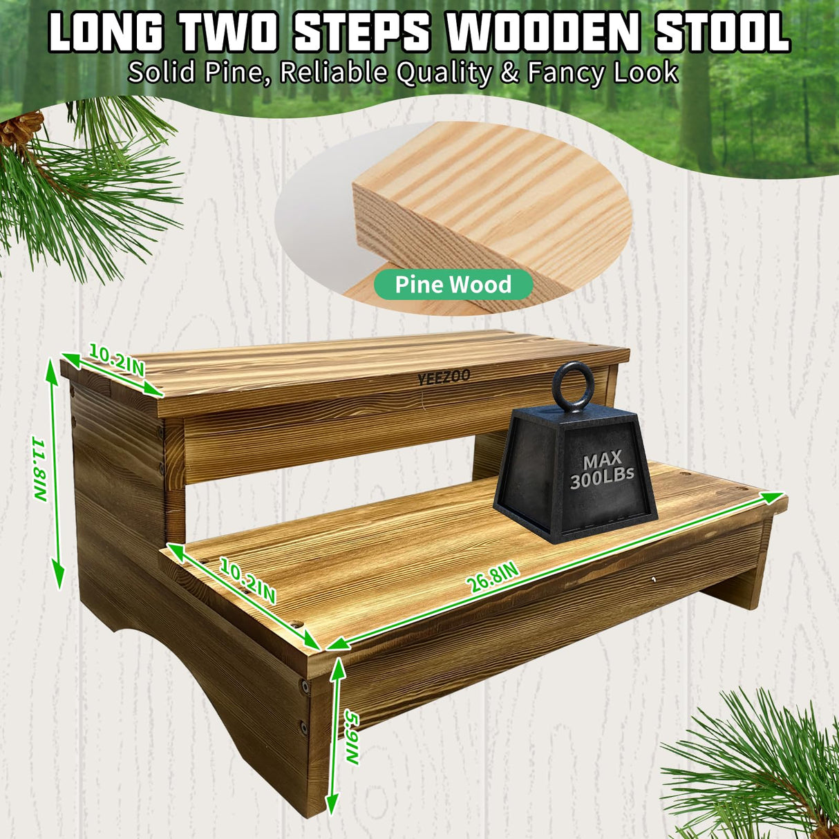 Long wooden step stool, 2 steps wood stool with non-slip pads for kitchen high bed for kids, adults and elderly (26.8" L*20.1" W*11.8" H) yeezoo