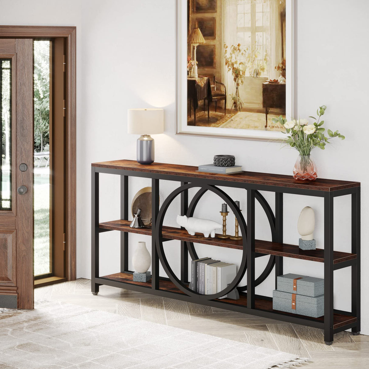 Tribesigns Extra Long Console Table, 70.9 inch Narrow Sofa Tables with 3 Tier Wood Storage Shelves Industrial Metal Frame for Entryway Hallway Living Room Behind Couch, Rustic Brown Black Tribesigns