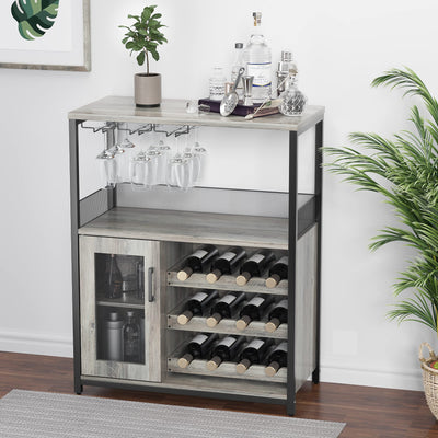 IDEALHOUSE 3-Tier Wine Bar Cabinet with Detachable Wine Rack and Storage Space, Buffet Cabinet with Glass Holder and Mesh Door, for Kitchen, Living Room and Bar (Gray)